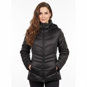 DKNY Black Hooded Puffer Coat Jacket Black Small Fitted Full Zip Quiet Luxury